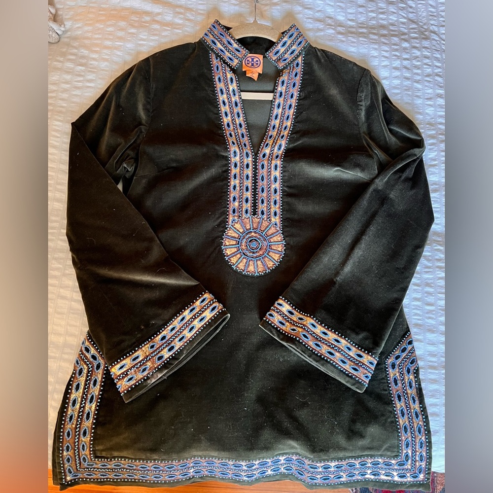 Tory Burch Beaded Embellished Velvet Tunic - Size 10